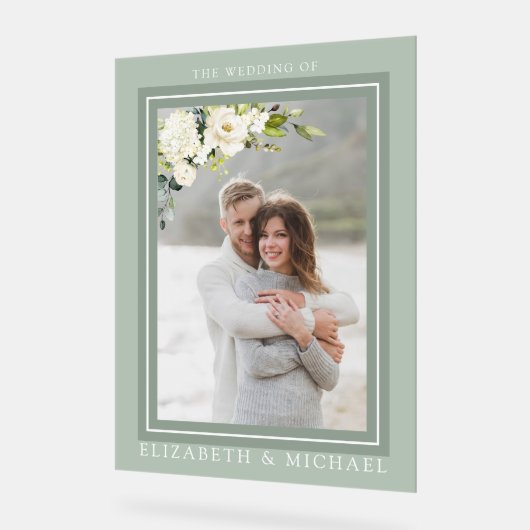 Foto Hochzeit von White Grey Green Floral Acrylschild (Winkel)