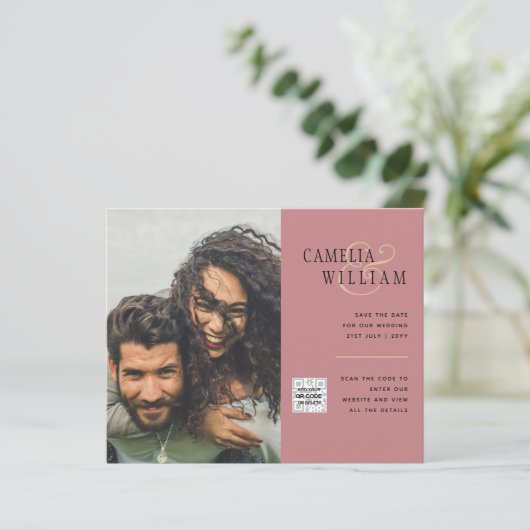 Foto Hochzeitseinladung Retten Datum QR-Code (Stehend Vorderseite)