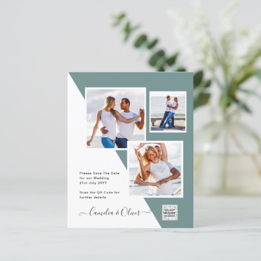 Foto Hochzeitseinladung Retten Datum QR-Code (Stehend Vorderseite)