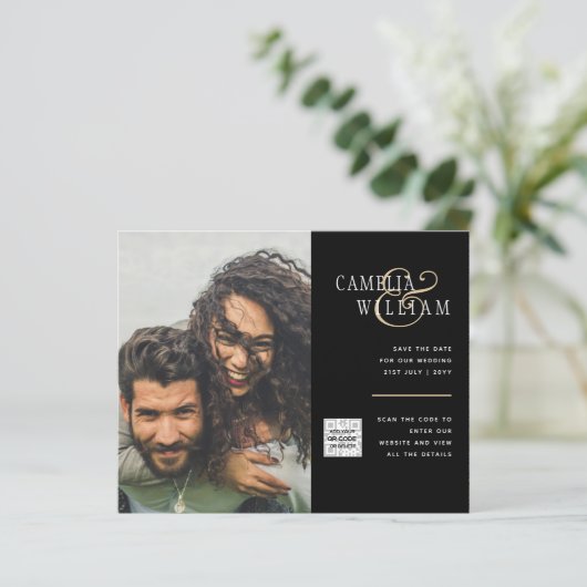 Foto Hochzeitseinladung Retten Datum QR-Code (Stehend Vorderseite)