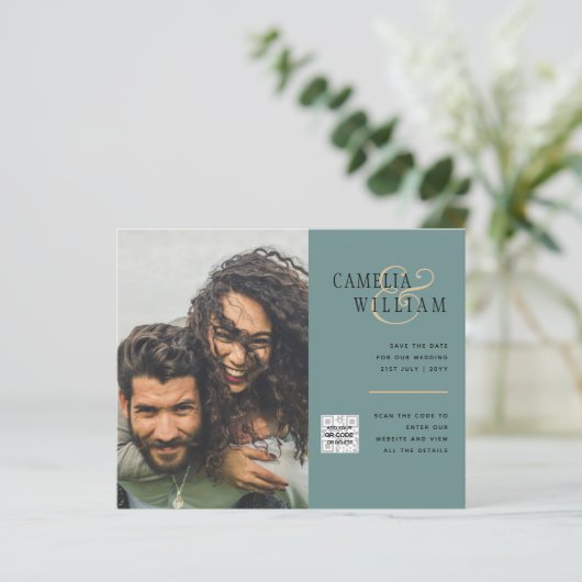 Foto Hochzeitseinladung Retten Datum QR-Code (Stehend Vorderseite)