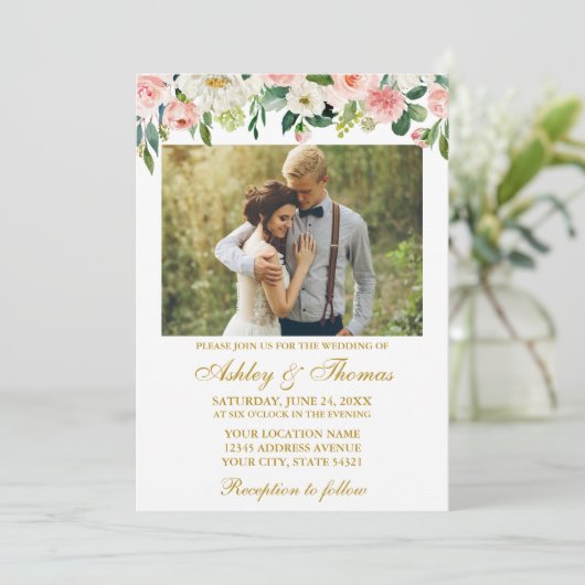 Foto Hochzeitsgold: Aquarellfarben Rosa Einladung (Stehend Vorderseite)