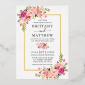 Foto Hochzeitsgold: Aquarellfarben Rosa Rosa Blüte Folieneinladung (Vorderseite)