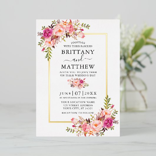 Foto Hochzeitsgold: Aquarellfarben Rosa Rosa Blüte Folieneinladung (Stehend vorne)