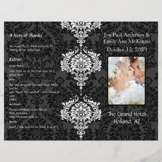 Foto Hochzeitsprogramm Black Gray & White Damask (Vorderseite)