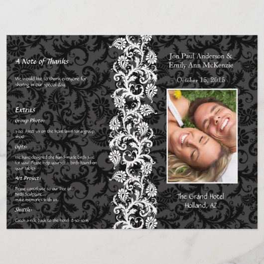 Foto-Hochzeitsprogramm Schwarz Grau & Rot Damast (Vorderseite)