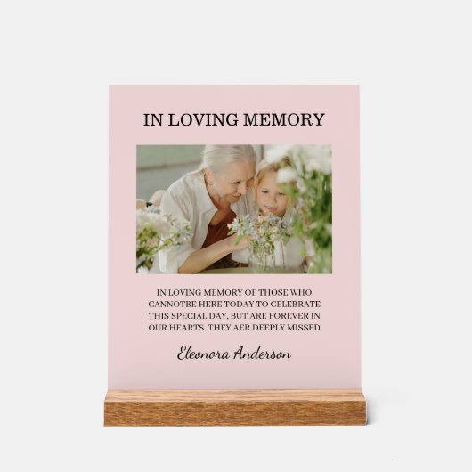 Foto-Hochzeitsschmuck In Loving Memory Rosa Hauch Acrylschild (Vorderseite)