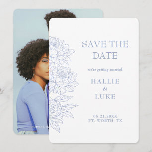 Foto-Hochzeitstermin Periwinkle Blaue Pfingstrose Einladung