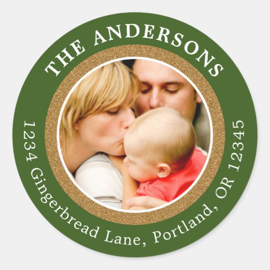 Foto Holiday Address Label Runder Glitzer Grenze Runder Aufkleber (Vorderseite)