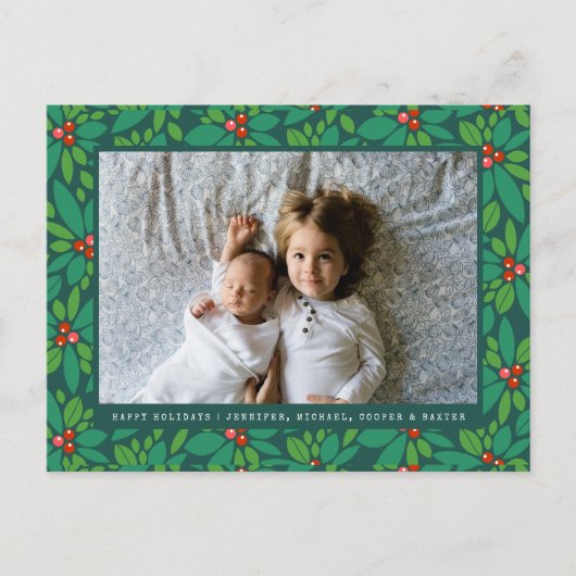 FOTO HOLIDAY CARD | Christmas Red & Green Holly Feiertagspostkarte (Vorderseite)