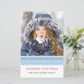 Foto Holiday Card mit Blue und White Stitches (Stehend Vorderseite)