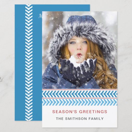 Foto Holiday Card mit Blue und White Stitches (Vorne/Hinten)