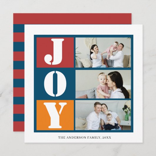 Foto Holiday Joy | Blue Red Strip Card Einladung (Vorne/Hinten)