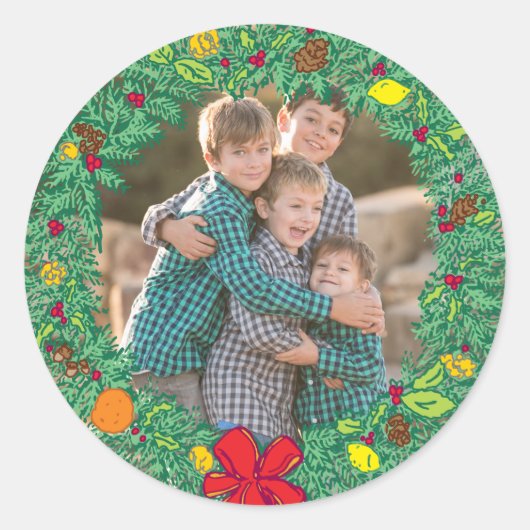 Foto Holiday Sticker: Weihnachts-Kranz-Foto Runder Aufkleber (Vorderseite)