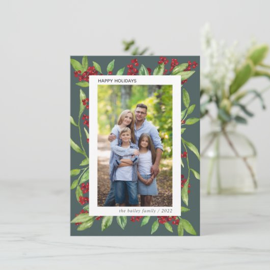 Foto Holly and Watercolor Greenerity Card Einladung (Stehend Vorderseite)