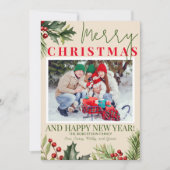 Foto Holly Pine Red Berries Beige Weihnachtskarte Einladung (Vorderseite)