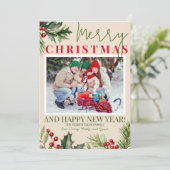 Foto Holly Pine Red Berries Beige Weihnachtskarte Einladung (Stehend Vorderseite)
