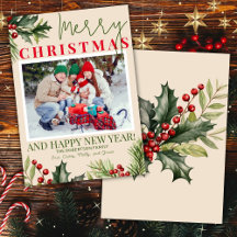 Foto Holly Pine Red Berries Beige Weihnachtskarte
