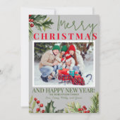 Foto Holly Pine Red Berries Graue Weihnachtskarte Einladung (Vorderseite)