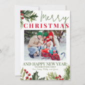 Foto Holly Pine Red Berries White Christmas Card Einladung (Vorderseite)