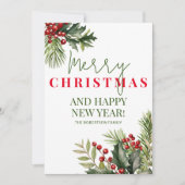 Foto Holly Pine Red Berries White Christmas Card Einladung (Vorderseite)