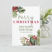 Foto Holly Pine Red Berries White Christmas Card Einladung (Stehend Vorderseite)