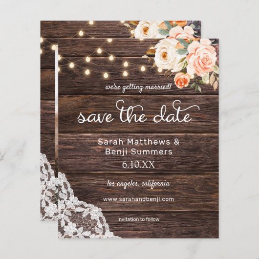 Foto Holz, Spitzen Rosa Save the Date (Vorne/Hinten)