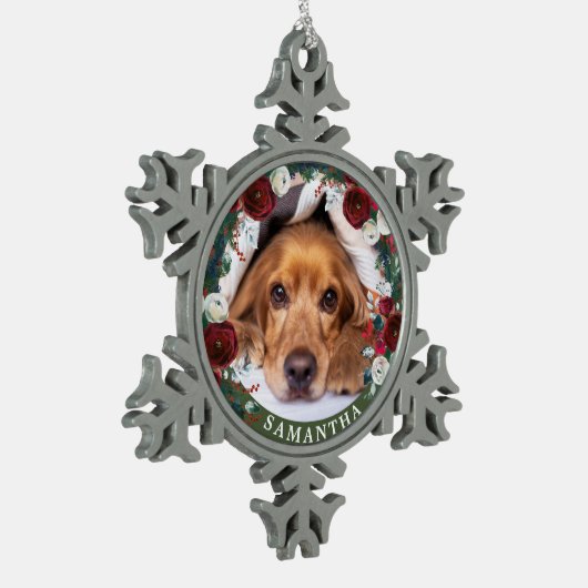 Foto Hunde Rote Rose Kranz Schneeflocken Zinn-Ornament (Links)