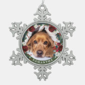 Foto Hunde Rote Rose Kranz Schneeflocken Zinn-Ornament (Vorderseite)