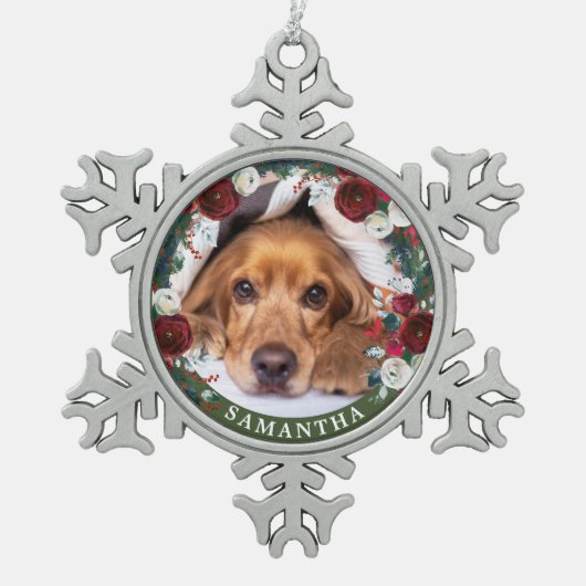 Foto Hunde Rote Rose Kranz Schneeflocken Zinn-Ornament (Vorderseite)
