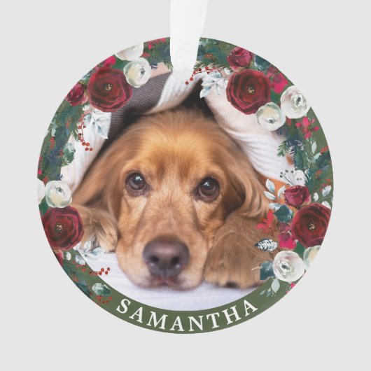 Foto Hunde Rote Rose Weihnachtsfeier Ornament (Vorderseite)