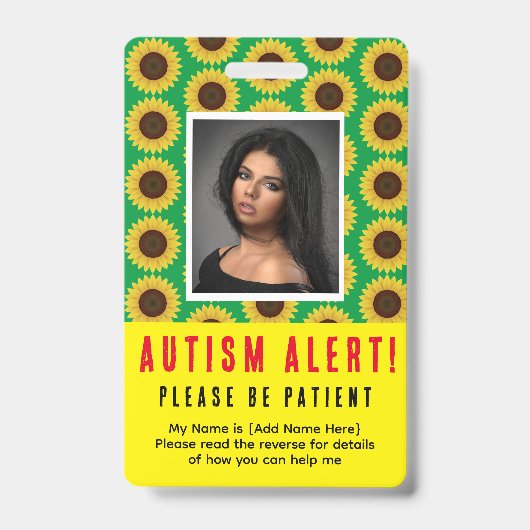 Foto-ID und NEEDS für grüne Sonnenblumen-Autismus Ausweis (Vorderseite)