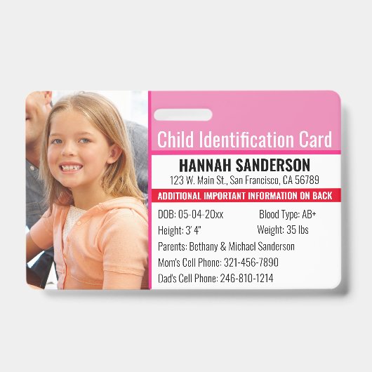 Foto Identification Emergency Allergy Child ID Ausweis (Vorderseite)