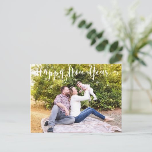 Foto im Familienhaus - Frohes Neujahr Schneeflocke Postkarte (Stehend Vorderseite)
