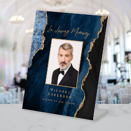Foto in Liebe Erinnerung Navy Gold Achat Hochzeit Sockelschild