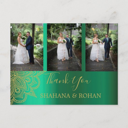 Foto Indian Style Green Gold Hochzeit Vielen Dank Postkarte (Vorderseite)