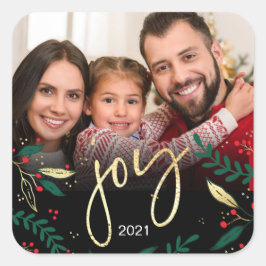 Foto Joy Black Red Green Gold Grün Weihnachten Quadratischer Aufkleber