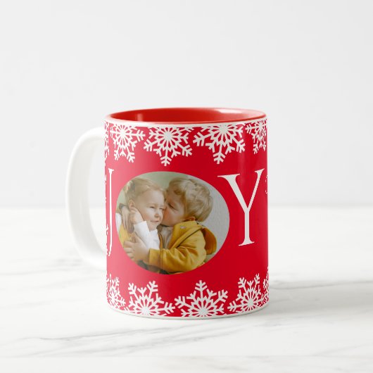 Foto JOY Red White Snowflake V Zweifarbige Tasse (Vorderseite Links)