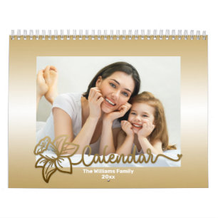Foto-Kalender der Familie, bearbeitbare Gold-Blume Kalender