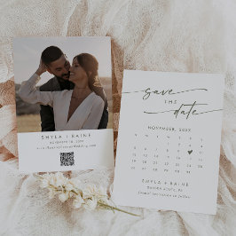 Foto-Kalender für den Boho Chic Green und White QR Save The Date