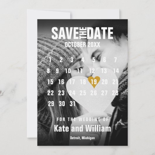 Foto Kalender Gold Herzstück Save the Date modern Einladung (Vorderseite)
