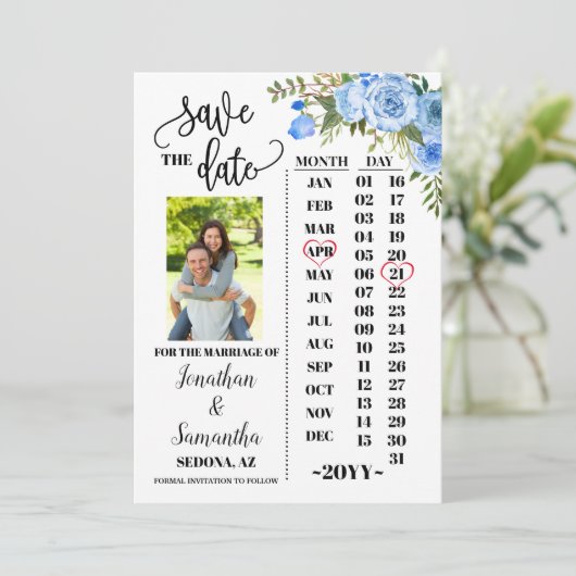 Foto Kalender Save the Date Blaue Blumenhochzeit Einladung (Stehend Vorderseite)