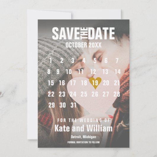 Foto Kalender Save the Date Gold Liebe Herz Einladung (Vorderseite)