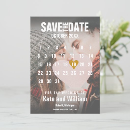 Foto Kalender Save the Date Gold Liebe Herz Einladung (Stehend Vorderseite)