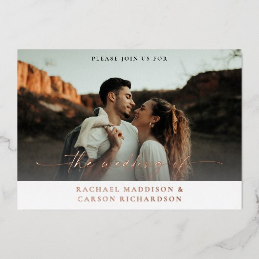 Foto & Kalligrafie 3BF Mod Horizontal Wedding Folieneinladung (Vorderseite)