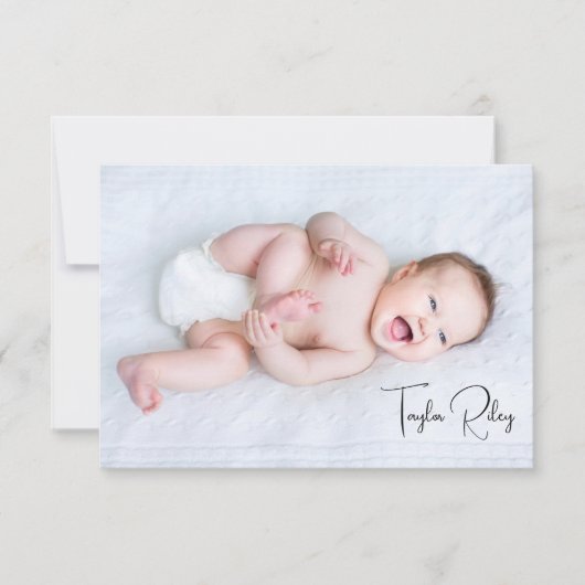 Foto Kalligrafie Name Birth Stats New Baby Dankeskarte (Vorderseite)