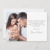 Foto Kalligrafie Name Birth Stats New Baby Dankeskarte (Rückseite)