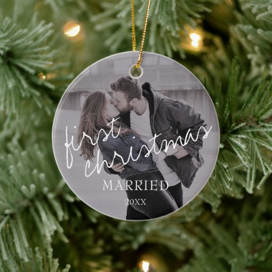 Foto Kalligrafie Script 1. Weihnachten Verheiratet Keramik Ornament (Baum)