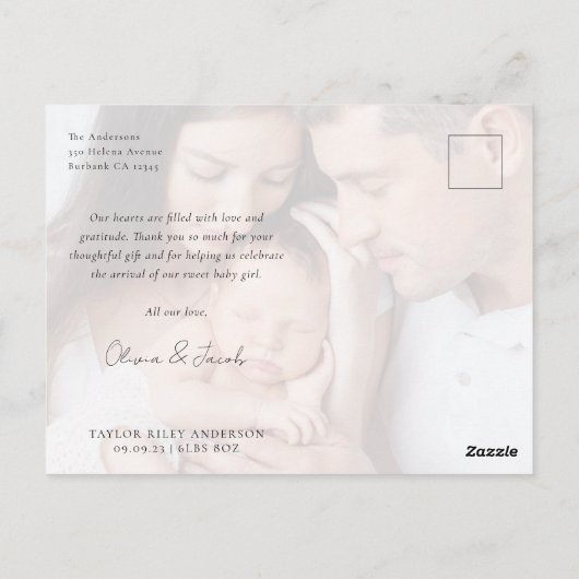 Foto Kalligraphie Name Birth Stats New Baby Danke Postkarte (Rückseite)