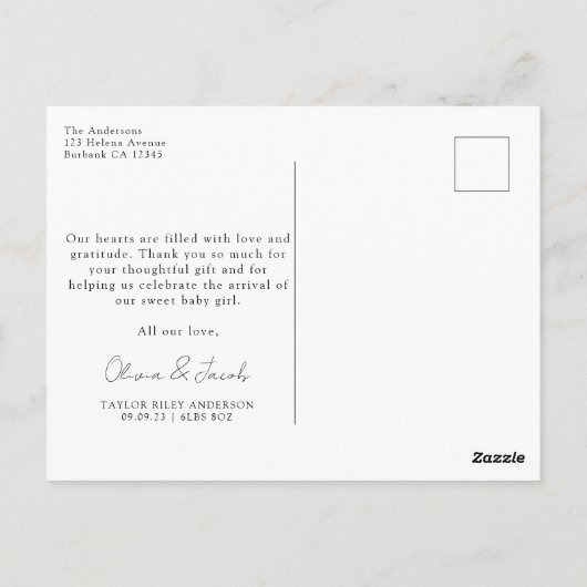 Foto Kalligraphie Name Birth Stats New Baby Danke Postkarte (Rückseite)